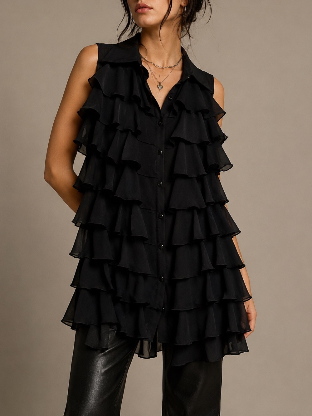 Samuel Dong Black Sleeveless Ruffle Tunic Top Blouse Button Front Layered Sheer